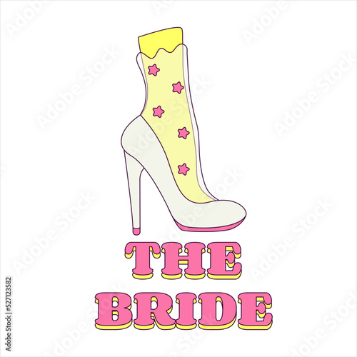 White Wedding Shoe of the Bride Bachelorette Party Illustration for the Bride in Groovy Style Temporary Sticker or Badge