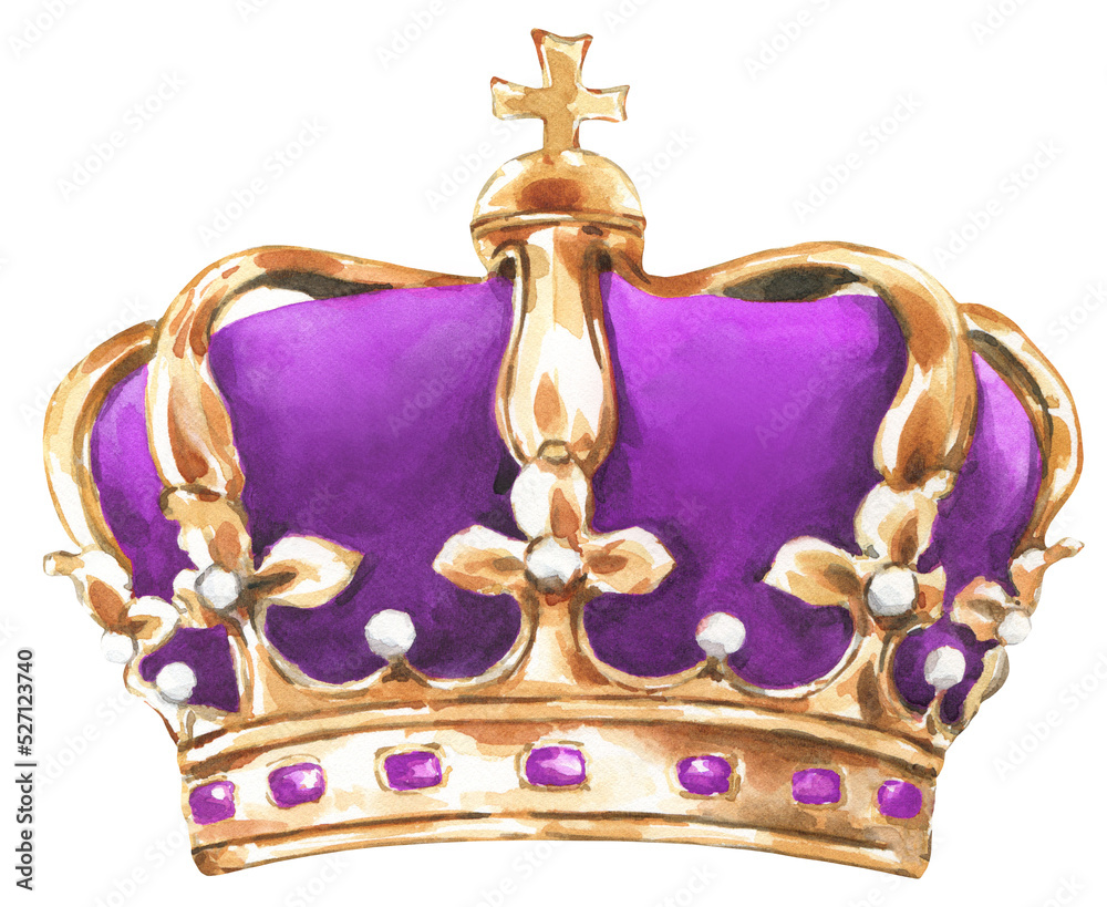 Watercolor Golden Purple King Crown Illustration Realistic Detailed Watercolor Golden Purple King Crown Illustration Realistic Detailed