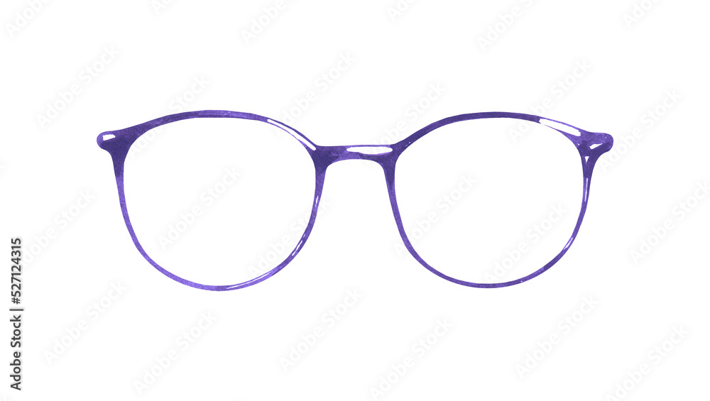 Fototapeta premium Hand-painted Watercolor violet glasses illustration Watercolor hipster accessories set, isolated on white background. Hipster clothes, accessories, cute drawing clipart elements cutout. 