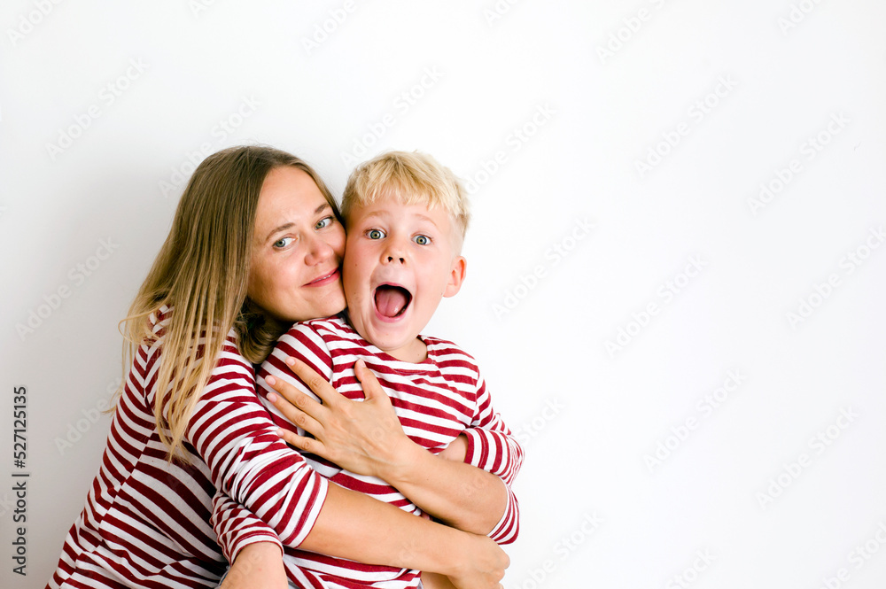 Portrait of happy mother and son over white background , Mother’s Day background Portrait of happy mother and son over white background , Mother’s Day background