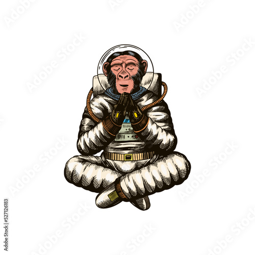 Monkey astronaut meditates in a yoga pose. Chimpanzee spaceman cosmonaut character. Fashionable animal. Hand drawn Engraved old monochrome sketch. Vector illustration for t-shirt, tattoo 