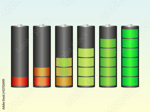 Battery charge level indicators. Set of battery charged.