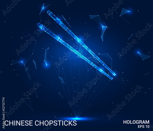 Hologram of Chinese sticks. Chinese sticks made of polygons, triangles of dots and lines. Asian cuisine low-poly compound structure. Technology concept vector.
