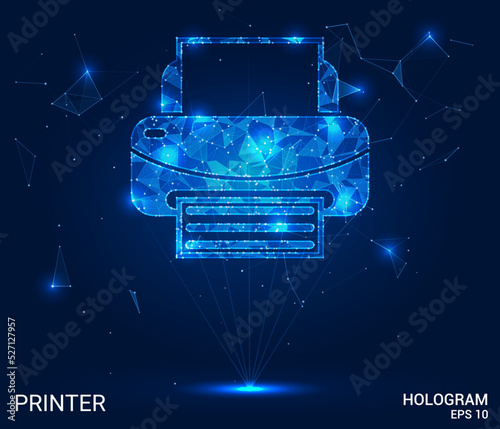 Hologram printer. The printer consists of polygons, triangles of points and lines. Printer icon low-poly connection structure. Technology concept vector.