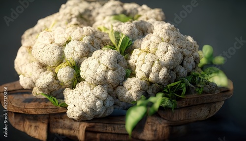 3D illustration of a Cauliflower on the basket with white color and green leaves