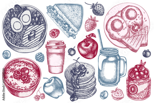 Breakfast hand drawn vector illustrations collection. Stylized sandwich, pancakes, bowl with avocado, porridge with berries, chia pudding, fried eggs, raspberry, blueberry, strawberry, apples, paper