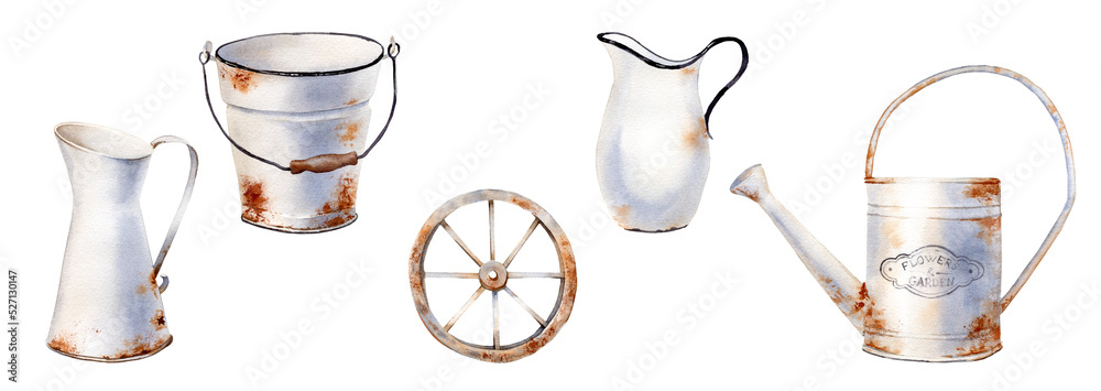 Watercolor Farmhouse style illustration. Rusty iron watering can, pitcher, jug, bucket, wheel. Vintage french country design - obrazy, fototapety, plakaty 