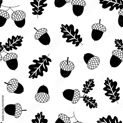 Acorn vector seamless pattern, autumn background, black and white fall oak leaves texture. Nature simple illustration