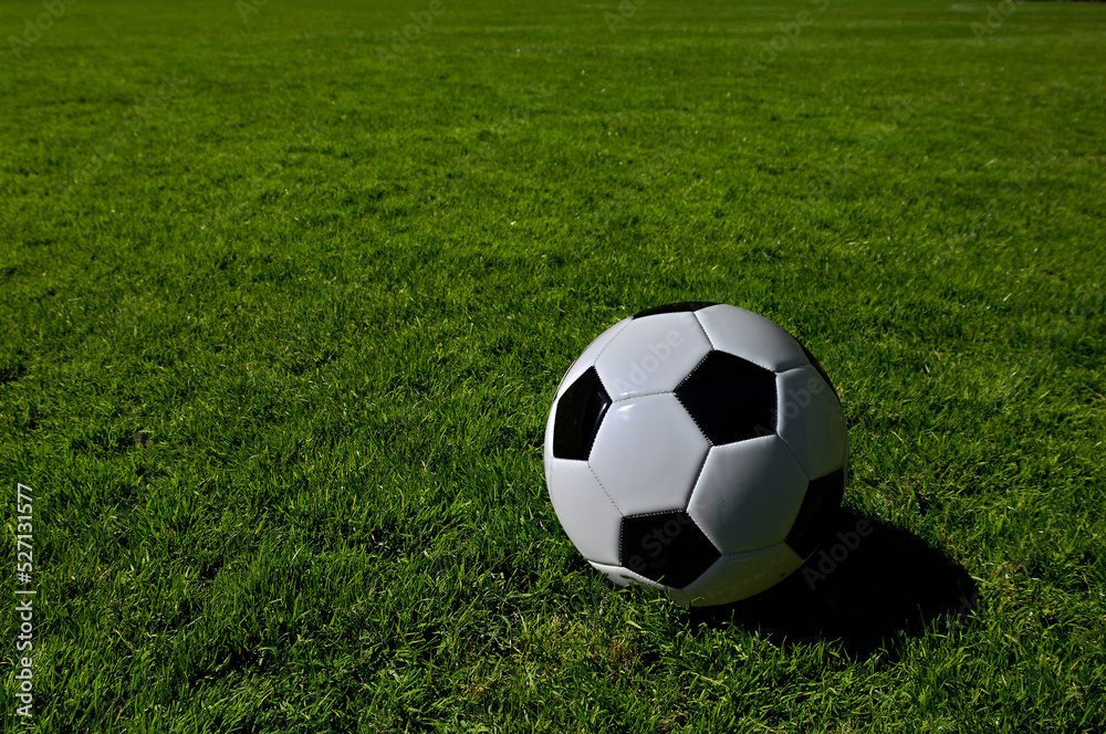 A traditional soccer ball lies on the pitch prior to a game A traditional soccer ball lies on the pitch prior to a game