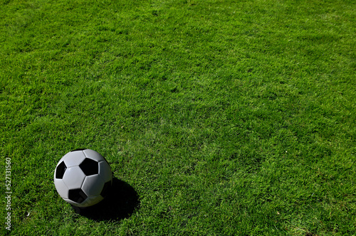 A traditional soccer ball lies on the pitch prior to a game © Ed