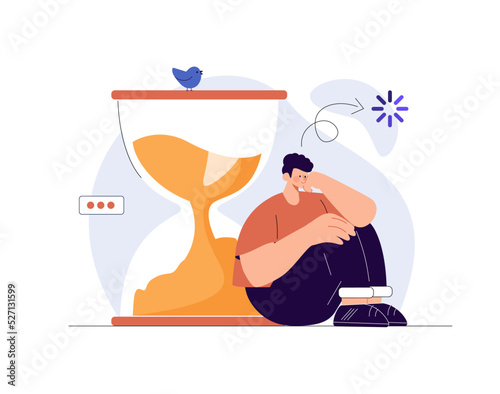 Man Waiting in Lobby Landing Page Template. Long Wait, Male Character in Hall Sit and Sleeping at Huge Hourglass.