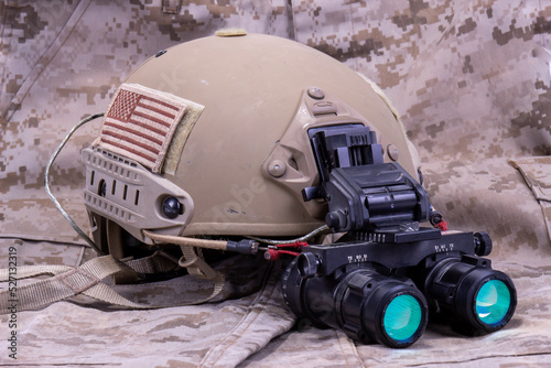 American Helmet With Night Vision On Camouflage