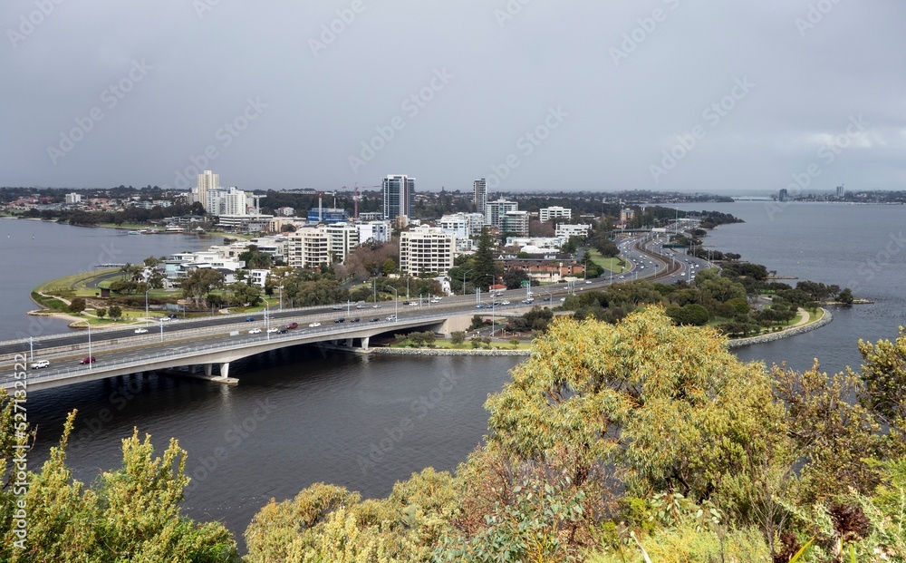 Cityscape panorama of South Perth city on Western Australia viewed from State War Memorial