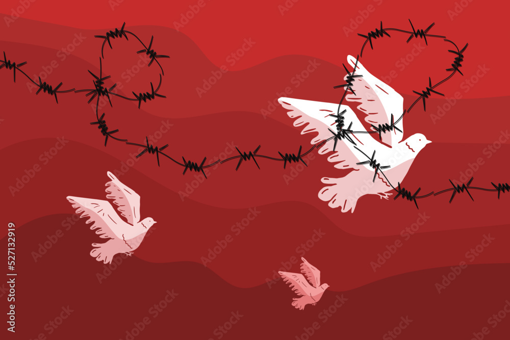 White pigeons on a red sky background, bounded by barbed wire, a symbol