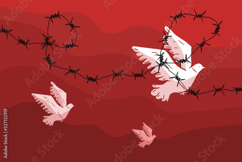 White pigeons on a red sky background, bounded by barbed wire, a symbol of unfreedom, censorship. The metaphor of the impossibility of leaving a totalitarian society, the Iron Curtain.