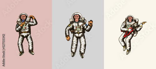 Monkey astronaut with guitar. Chimpanzee spaceman cosmonaut characters set. Astronomical galaxy space. Funny cosmonaut explore adventure.Hand drawn old sketch line