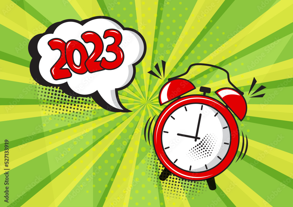 Fototapeta premium New Year 2023 vector comic alarm clock with speech bubble on green background. Comic sound effect and halftone dots shadow in pop art style. Holiday illustration