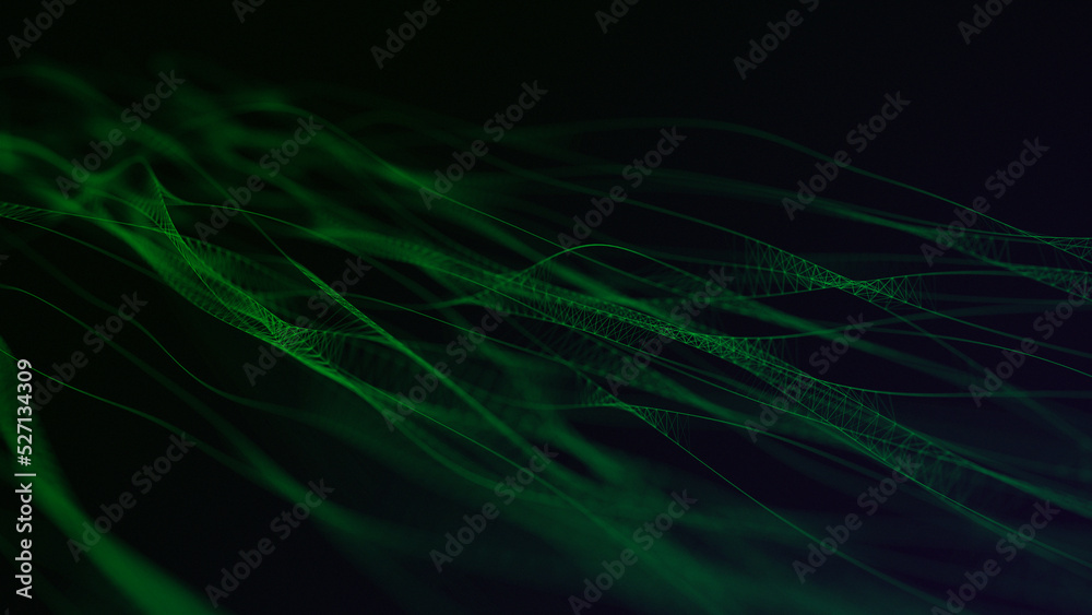 Dna from a moving wave and particles. Abstract dark background. The science of medicine. Biotechnology. The concept of a gene cell. Green dots and lines. 3d rendering Dna from a moving wave and particles. Abstract dark background. The science of medicine. Biotechnology. The concept of a gene cell. Green dots and lines. 3d rendering