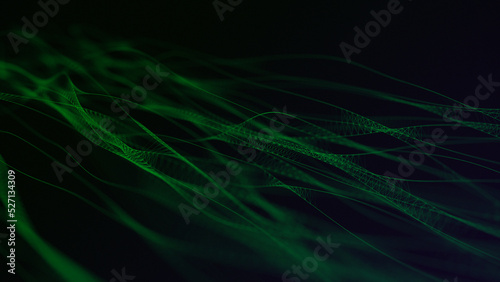 Dna from a moving wave and particles. Abstract dark background. The science of medicine. Biotechnology. The concept of a gene cell. Green dots and lines. 3d rendering