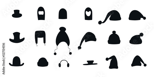 Winter hats and caps silhouette set for photo prop box. Vector stock illustration isolated on white background for photo booth holiday industry. 