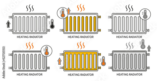 Heating radiator battery, home wall heater, central heat system, oil warm convector line icon set. Electric, water warmth panel, thermal house equipment. Control room temperature in cold season vector