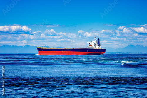An oil tanker rests in the waters of Puget Sound near the San Juan Islands of Washington.
