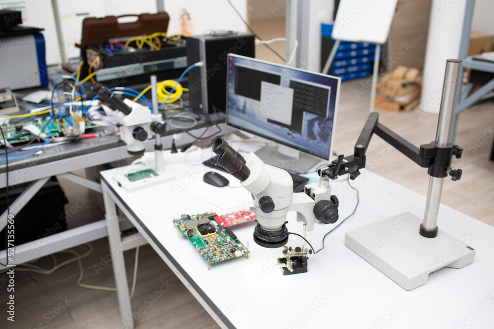 Microscope in Scientific research tech Laboratory on table. Microscope in Scientific research tech Laboratory on table.