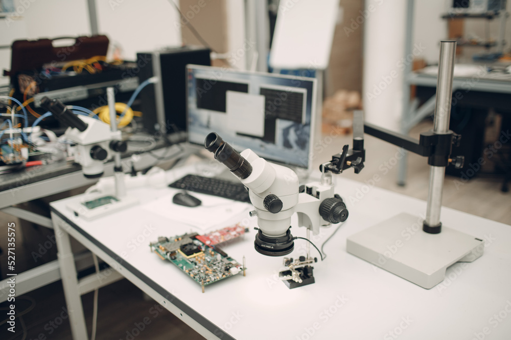 Microscope in Scientific research tech Laboratory on table. Microscope in Scientific research tech Laboratory on table.