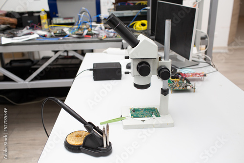 Microscope and soldering iron in Scientific research tech Laboratory