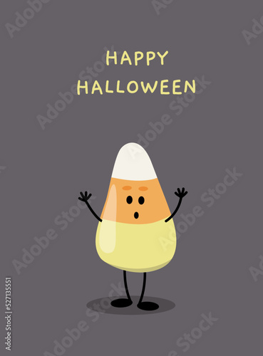 Happy Halloween Candy Corn card. Boo. Candy scaring. Flat, cartoon, vector
