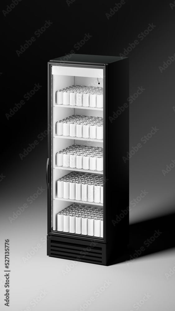 Dark tall refrigerator with a can on the shelf. High quality 3d illustration Dark tall refrigerator with a can on the shelf. High quality 3d illustration