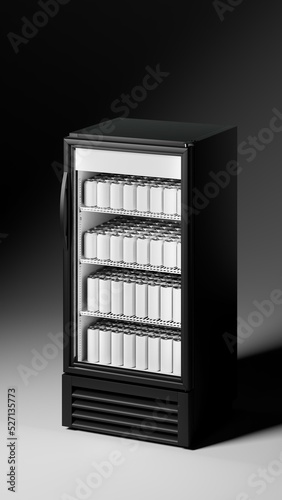 Dark small refrigerator with a can on the shelf. High quality 3d illustration
