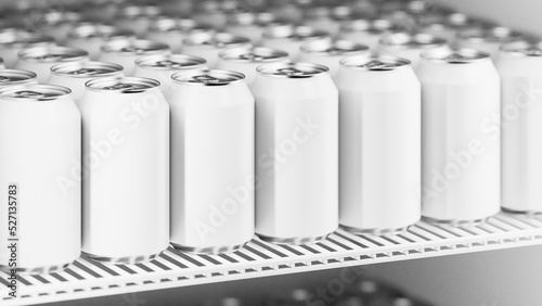 Rows of white aluminum cans on the shelf in the refrigerator. High quality 3d illustration