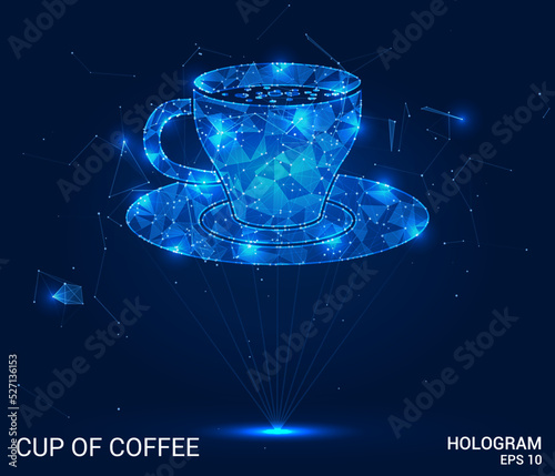 A hologram of a cup of coffee. A cup of coffee made of polygons, triangles of points and lines. Cup on saucer icon low-poly connection structure. Technology concept vector.