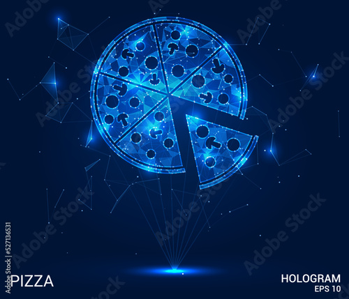 Hologram pizza. Pizza made of polygons, triangles of dots and lines. Pizza icon is a low-poly compound structure. Technology concept vector.