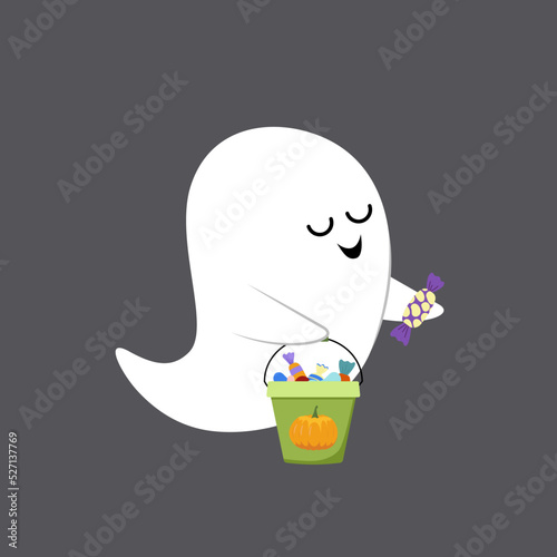 Satisfied ghost with pail of sweets. Halloween. Cartoon, flat, vector
