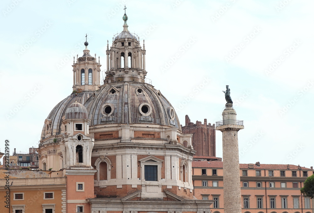 Santa Maria di Loreto Church Exterior with Trajan Column in Rome, Italy