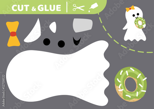 Cute ghost with donut. Cut and glue. Halloween. Application work. Paper game. Vector