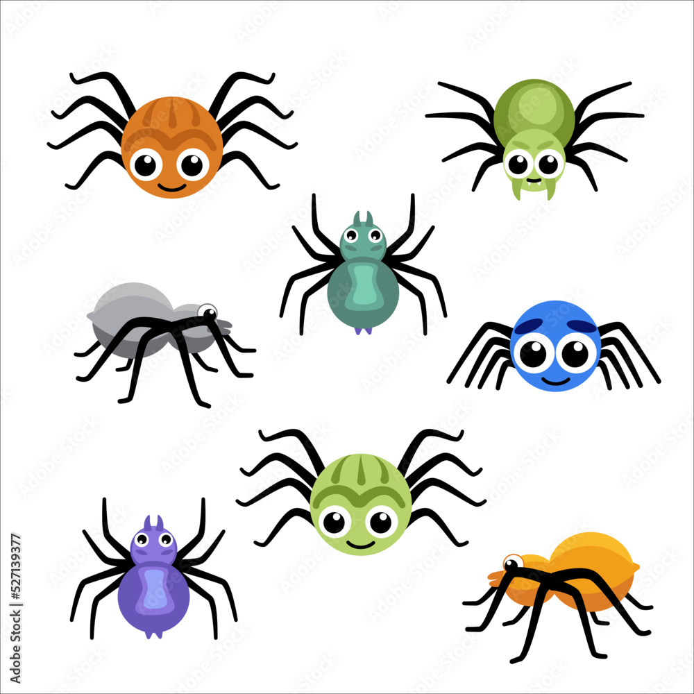 Set of spiders. Colorful spiders clip art. Flat, cartoon, vector