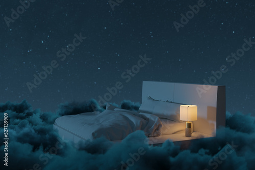 3D rendering of cozy bed illuminated by lamp. The bed flying over fluffy clouds at night