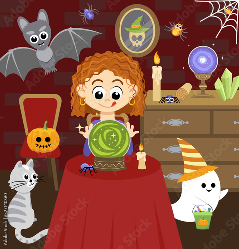 Witch is conjuring by magic crystal ball. Halloween cartoon interior. Soothsayer. Flat, vector