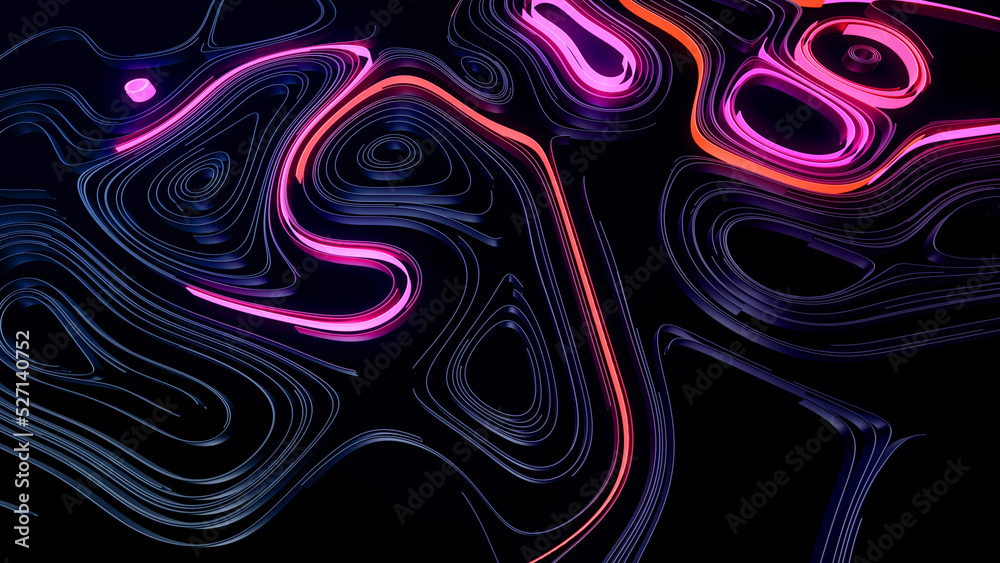 Abstract bg with lines or ribbons. 3d render. Abstract compiting neural network or ai. Multicolor flash of curved lines on plane. Running neon lights like garland on plane.