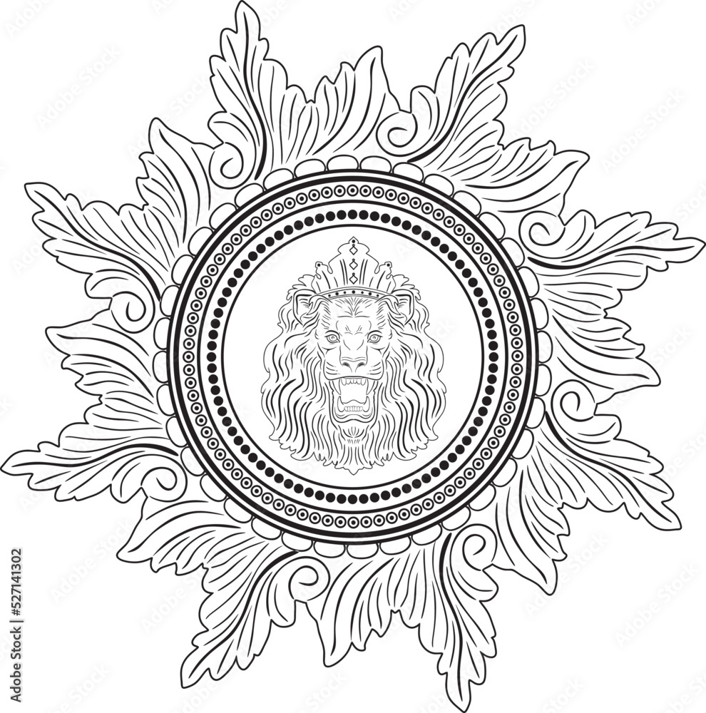 king lion logo with floral sun frame handmade line design vector