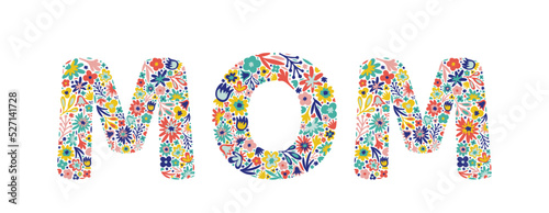 Mom lettering of flowers. Doodle style. Floral word. Vector