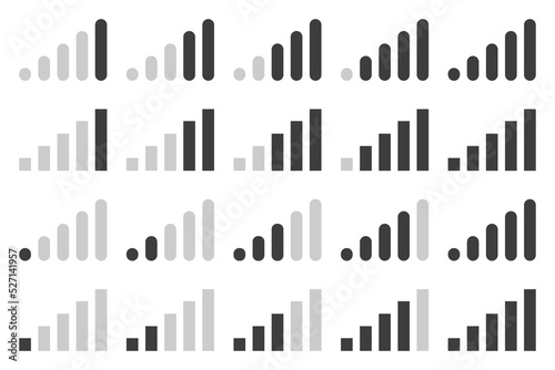 Connection icon set. Mobile phone bar icons. Signal strength Icon. Signal strength indicator. Wireless symbol. Connection levels.