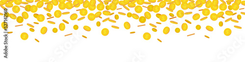 Falling coins repeat seamless border. Gold coin of dollar. Flat, isolated