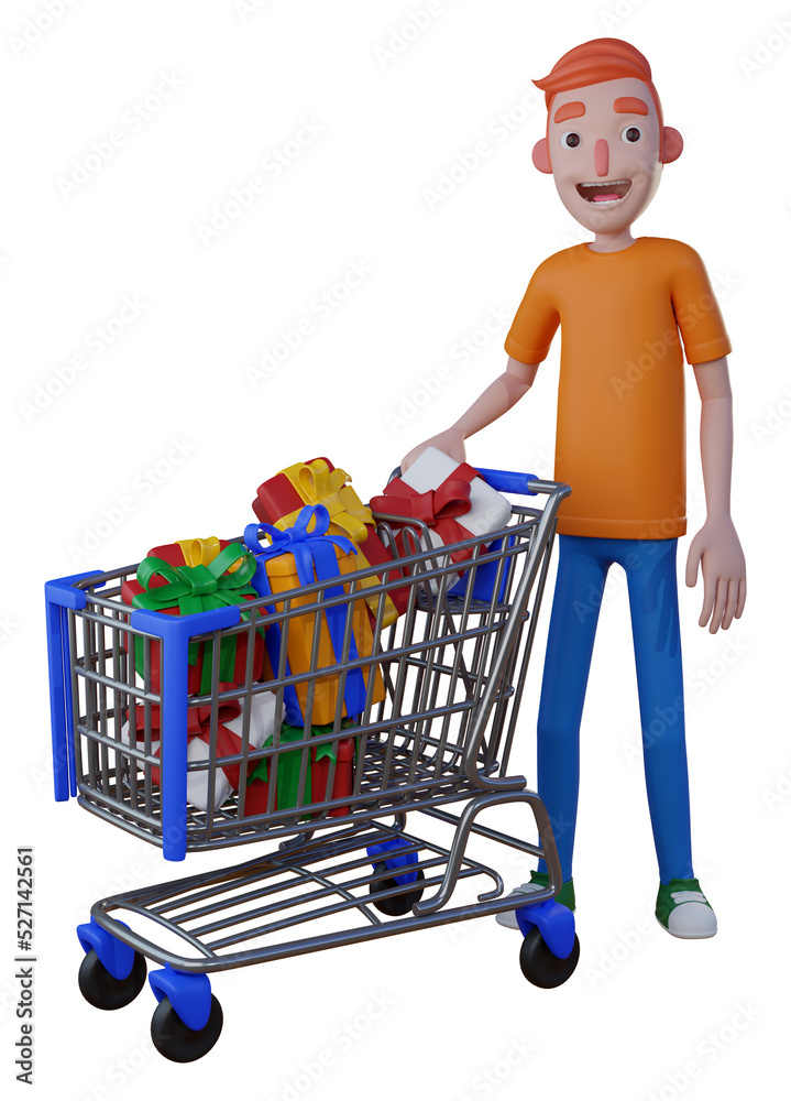 illustration 3D men character with trolley and gift box illustration 3D men character with trolley and gift box