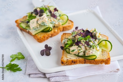 Open Danish smorrebrod sandwiches with chicken salad, fresh cucumber and herbs on a white ceramic board against a light concrete background. Sandwich recipes. photo