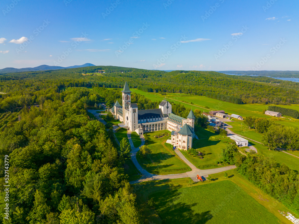Obraz premium Abbaye de Saint Benoit du Lac aerial view on the Lake Memphremagog in Memphremagog County, Quebec QC, Canada. 