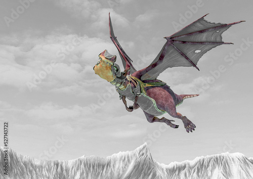 dragon cartoon with armor flying on ice with space copy